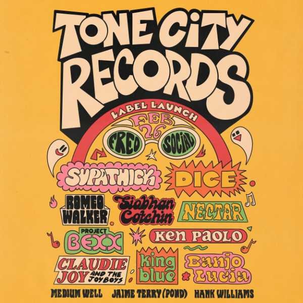 Tone City Records event poster on yellow background.