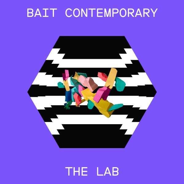 Hexagon shape on a purple background with a warped black and white design within the Hexagon. Text overlay reads: Bait Contempoary The Lab